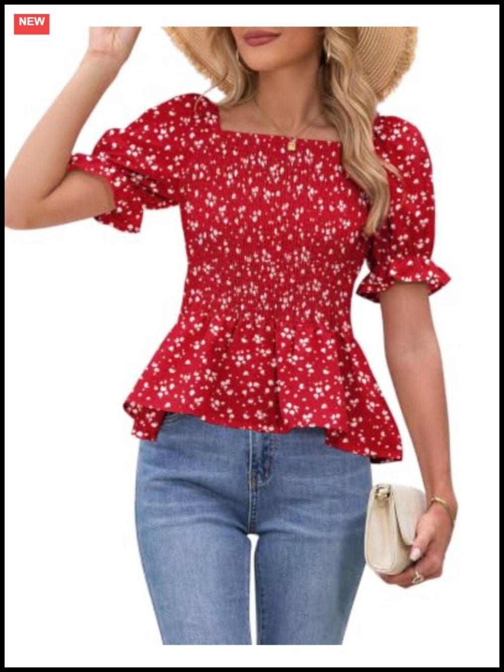Womens Babydoll Peplum Blouse Smocked Square Neck Puff Short Sleeve Ruffle Hem